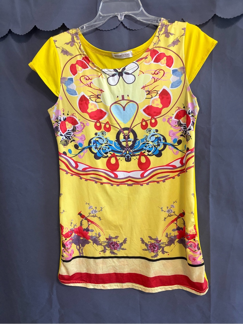 Yellow Printed Mini Dress with Multicolor Graphic Motif